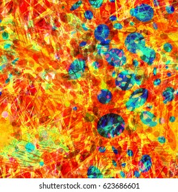 Yellow, orange and blue. Chaotic vector texture. Abstract seamless background for fabric, wrapping, home decor.