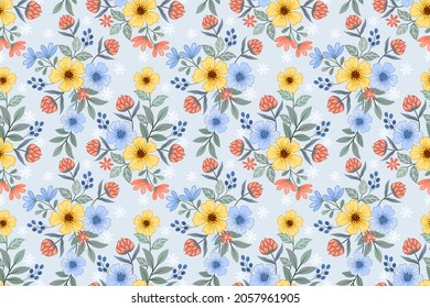 Yellow orange and blue flowers design seamless pattern. This pattern can be use for fabric textile wallpaper.