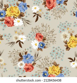 flores vectoriales sin costura amarillas naranja y azul con un patrón de hojas sobre fondo crema