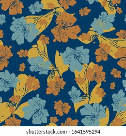 yellow orange and blue summer flowers seamless vector pattern