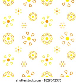 Yellow and orange botanical patterns in white backdrop.