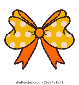 Yellow and Orange Bow in Hand Drawn Retro Style Isolated on White Background. Vintage ribbon. Cute funny bowknot perfect for Holiday events, cards, posters, patterns, gifts