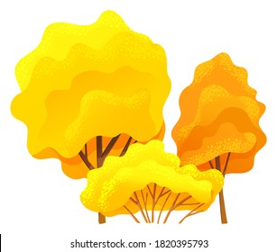 Yellow and orange bright autumn tree or bush set with a lush crown, thin brown trunk and branches isolated on white. Vector of big plant with foliage round shape, landscape element in cartoon style