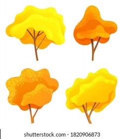 Yellow and orange bright autumn tree or bush set with a lush crown, thin brown trunk and branches isolated on white. Vector of big plant with foliage round shape, landscape element in cartoon style