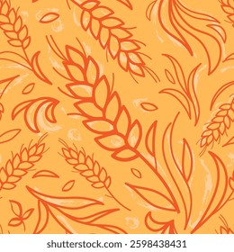Yellow orange bright vector seamless wheat pattern. Farm ears of wheat bread symbols. Agriculture. Lines dynamic shapes. Vector template Illustration for trending design Hand drawn unique print EPS 10