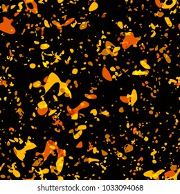 Yellow, orange, brown blots on black backdrop. Splatter seamless texture. Abstract vector background for web page, banners backdrop, fabric, home decor, wrap