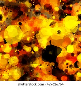 Yellow, orange, brown. Like colored bubbles in the liquid. Bubble texture. Abstract seamless spotted pattern of polygons. Vector. Mix random. Transparency. Overlay. Watercolor effect and blur