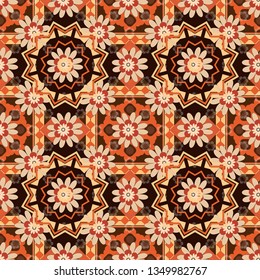 Yellow, orange and brown vector illustration. Floral illusion seamless pattern.