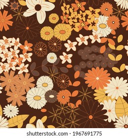 Yellow, orange and brown vintage flowers seamless