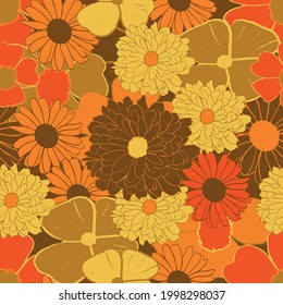 Yellow, orange and brown vintage flowers seamless