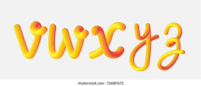 Yellow orange calligraphic hand drawn font isolated on white background, vector illustration. Cursive letters set, handwritten funny curves. Letters v, w, x, y z.