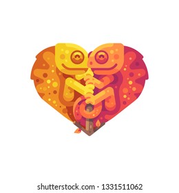 Yellow and orange chameleons sitting on a branch in the shape of a heart. Valentines Day flat illustration