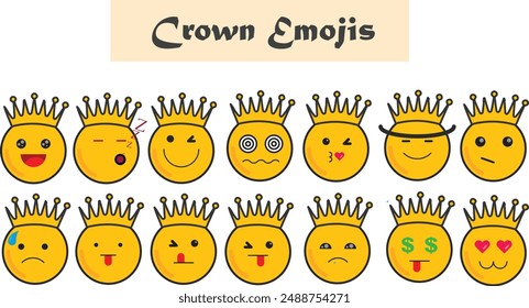 yellow orange color crown emojis - reaction faces- bright color emojis- fully editable