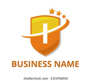 yellow and orange color shield get slice into half logo graphic design with modern clean style for protection or security company with initial type letter i on it