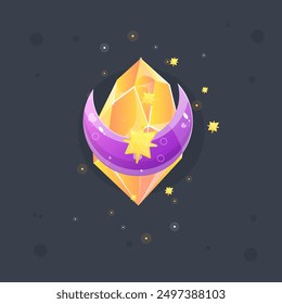 Amarillo Naranja Cristal Gema Magia Juego Esotérico Twitch Kawaii Icon Con La Luna Y Las Estrellas Aisladas Diseño De Vector