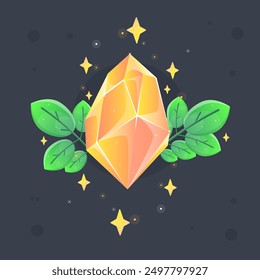 Yellow Orange Crystal Gem Magic Esoteric Game Icon  With Green Branches And Stars Isolated Vector Design