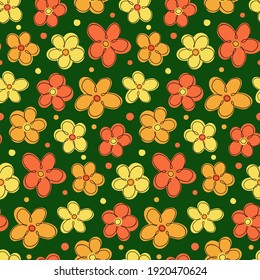 Yellow and orange doodle flowers. Seamless repeating pattern on a dark background.