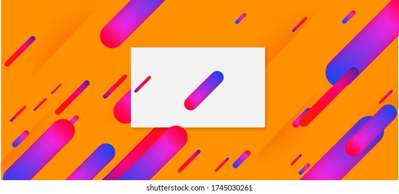 Yellow, Orange Dynamic Neon Stripes Banner. Minimal Cover Sale Banner Colorful Design. Neon Dynemic Geometric Memphis. Purple Blue Pink Shape Motion Pattern. Corporate Identity Business Card Layout.
