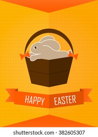 yellow and orange Easter card with basket with  rabbit. Flat. Vector.