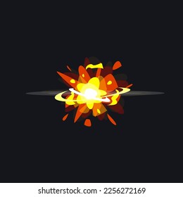 Yellow and orange energy blast vector illustration. Cartoon drawing of laser gun, blaster or weapon effect, lightning, bomb explosion, alien attack. Magic, power concept for game or comic book