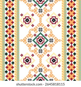 Padrão étnico amarelo e laranja sem emenda no estilo boho. Ornamento étnico tribal. Ornamento vetor ucraniano, borda, padrão. Bordado tradicional ucraniano. Pixel art, vyshyvanka, ponto de cruz.