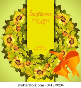 Yellow orange floral sunflower and leafs circle wreath. Vertical border strip design. Wedding card. Text place. Vector illustration.