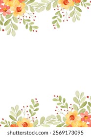 Yellow and orange flower frame background, vertical floral frame for design.