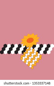 Yellow and orange flower with honeycomb patterns in yellow, white and black on mauve background - vector illustration