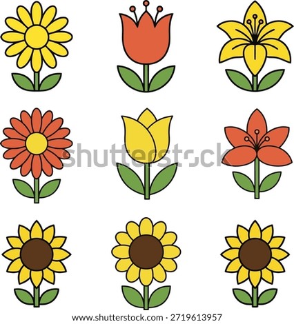 Yellow and Orange Flower Icon Set Vector – Sunflower, Daisy, Tulip, Lily