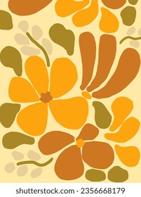 Yellow and orange flower patterns and leaves on yellow background for web banner, branding package, fabric print, wallpaper, social media post, doodle, notes, book covers, wall decor.