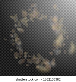 Yellow orange flower petals falling down. Fascinating romantic flowers vignette. Flying petal on transparent square background. Love, romance concept. Curious wedding invitation.