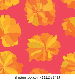 yellow and orange  flowers bloom on pink  seamless pattern. original blossom simple marigold print decor