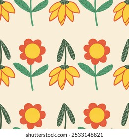 Flores cor de laranja amarela e verde deixar doodle mão desenhada. Bonito adorável brincalhão adorável. Bom para papel de parede, banners de venda, cartazes, etiquetas, tecido, artigos de papelaria, cartão de saudação e wrapper de presentes.