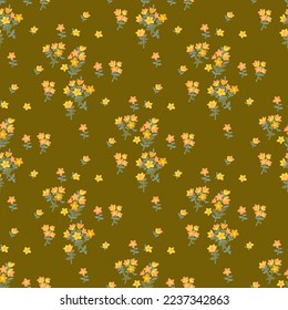 Yellow, orange flowers with green stem and leaves. Seamless summer floral pattern.