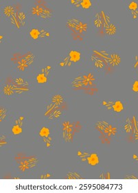 Yellow and orange flowers and leaves pattern on grey background, illustrations, vector aesthetic for wallpaper, wall decor, templates covers, art prints