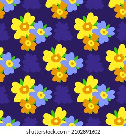 Yellow and orange flowers on a purple background. Pattern for textiles, fabric, wrapping paper, background, wallpaper.