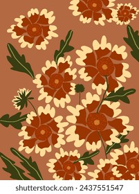 Yellow orange flowers patterns with leaves on orange background for branding, fabric print, wallpaper, social media post, doodle, notes, book covers, wall decor.