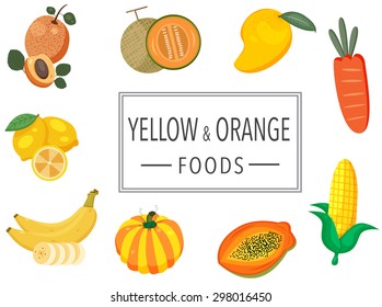 Yellow and orange fruits and vegetables set, illustration, vector 