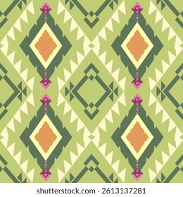 Yellow and orange geometric ethnic pattern on green background. Native American tribal fabric, tiles, carpets, rugs, wrapping paper, seamless sarong pattern, Indian national dress. Vector illustration