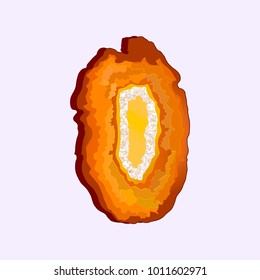 Yellow (orange, ginger) agate gemstone slice with crystal quartz center. Vector template for card, booklet, background or post, illustration about natural texture or jewelry design