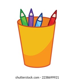 Yellow or orange glass of colored pencils vector illustration isolated on white background. Cartoon styled office or school writing supplies with clean simple flat art style and outline.