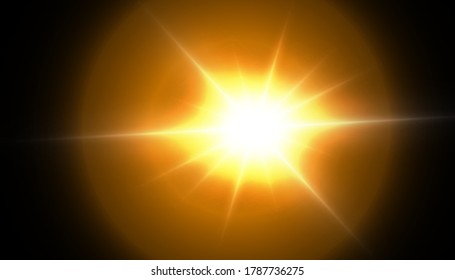 Yellow and orange glowing light explodes on a transparent background. Sparkling magical dust particles. Bright Star. Transparent shining sun, bright flash. Vector sparkles. To center a bright flash.