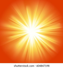 Yellow orange glowing light. Transparent graphic design element. Poster, card, flyer or invitation background. Colorful gradient rays with glaring effect. Abstract glowing sparkle. Vector illustration