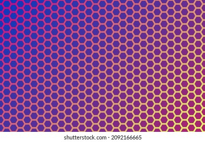 Patrón amarillo, naranja, de células doradas. Honeycomb, células de colmena de abejas sobre fondo rosa violeta. Textura de gradiente de hexágono geométrico vectorial sin fisuras. Para portada, presentación, fondo de pantalla, banner, impresión.