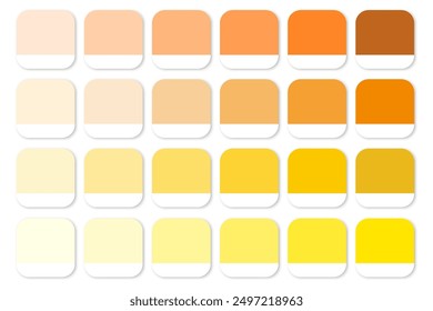 Farbverlauf-Palette in Gelb und Orange. Quadratische Farbfelder mit weißem Hintergrund. Verschiedene Schattierungen. Vektorgrafik.