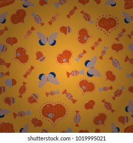 Yellow, orange and gray Vector illustration. Seamless pattern with Ethnic Hearts, in retro 80s style for fabric print, paper print and website backdrop. Valentines Day.