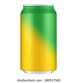 Yellow, Orange, Green Blank Metal Aluminum 330ml Beverage Drink Can. Illustration Isolated. Mock Up Template Ready For Your Design. Vector EPS10