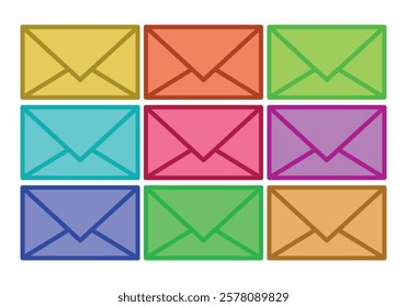 Yellow, orange, green, blue and pink letter envelope icon sheet