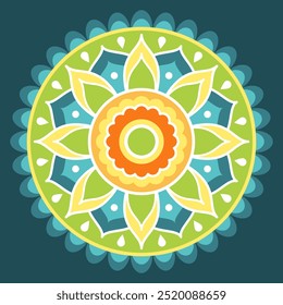 Yellow, orange, green and blue symmetrical mandala on a dark green background. Ethnic mandala. Oriental pattern, vector illustration. Relaxation, meditation. Indian or Arabic mandala. Diwali festival.