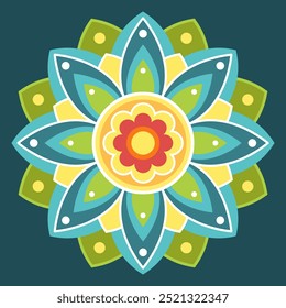 Mandala simétrico amarillo, naranja, verde y azul sobre un fondo verde oscuro. Mandala étnico. Patrón oriental, Ilustración vectorial. Relajación, meditación. Mandala indio o árabe. Festival Diwali.